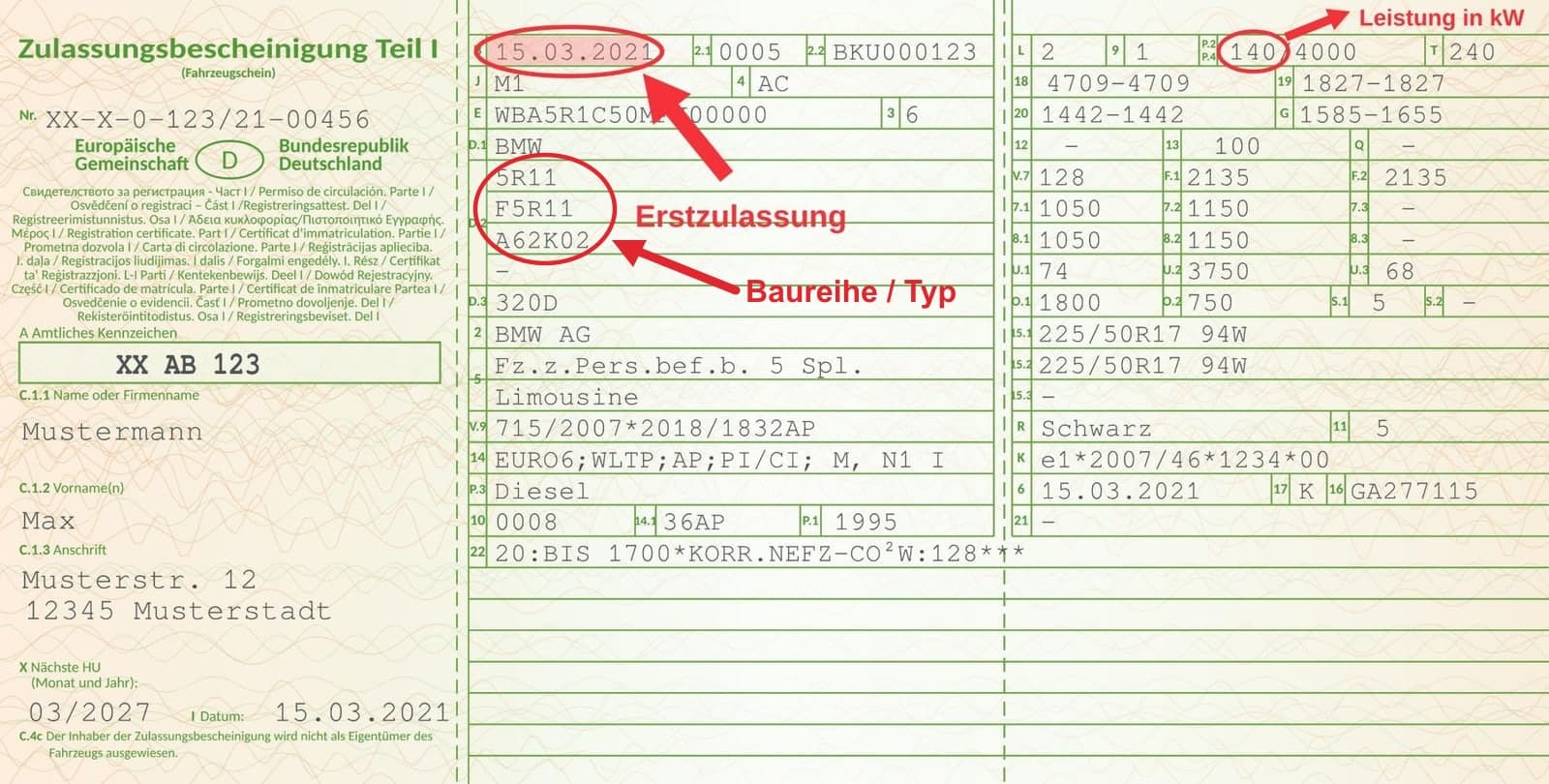 Fahrzeugschein (Zulassungsbescheinigung Teil I) mit markierter Erstzulassung in Feld B, Baureihe beziehungsweise Typ in Feld D.2 und Leistung in kW in Feld P.2